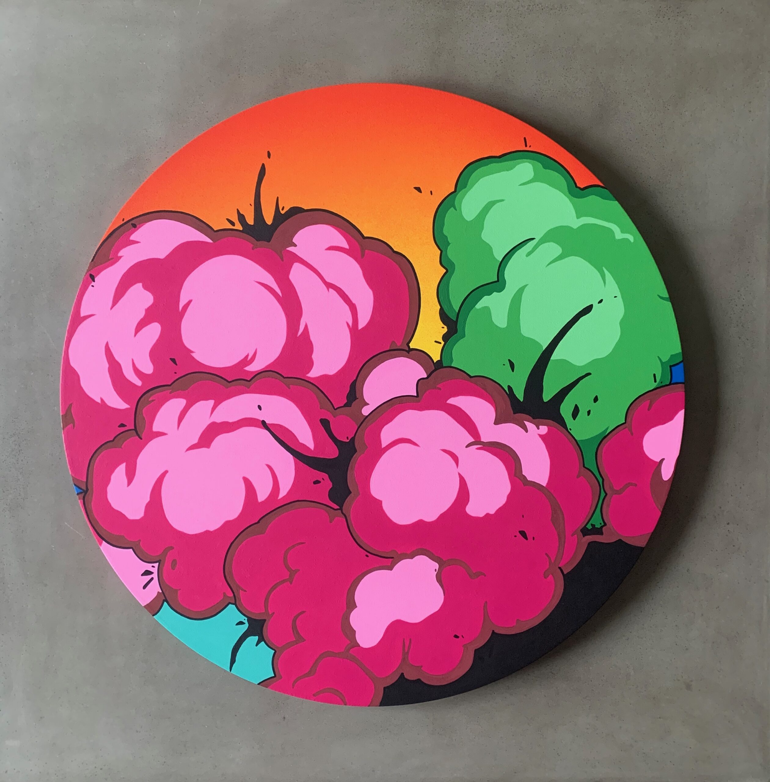Miami, 24" Gallery Wrapped Round Canvas. Done with Acrylic Paint, 2020.