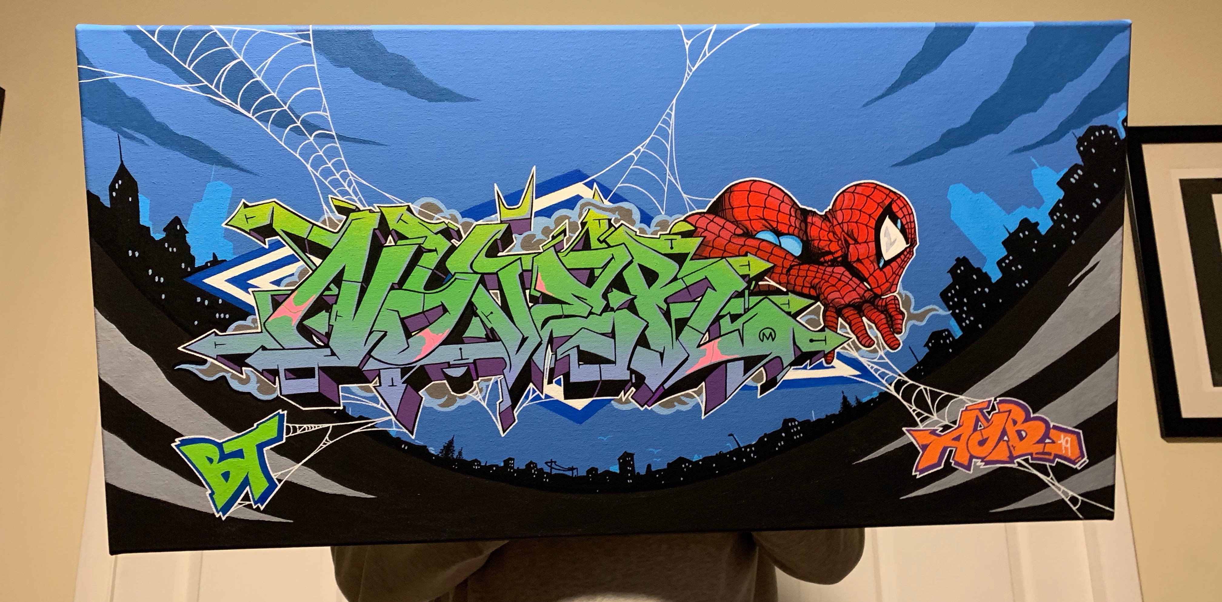 Spider-Man x Nover on 36 x 48' Canvas, Paint and Markers. 2019.