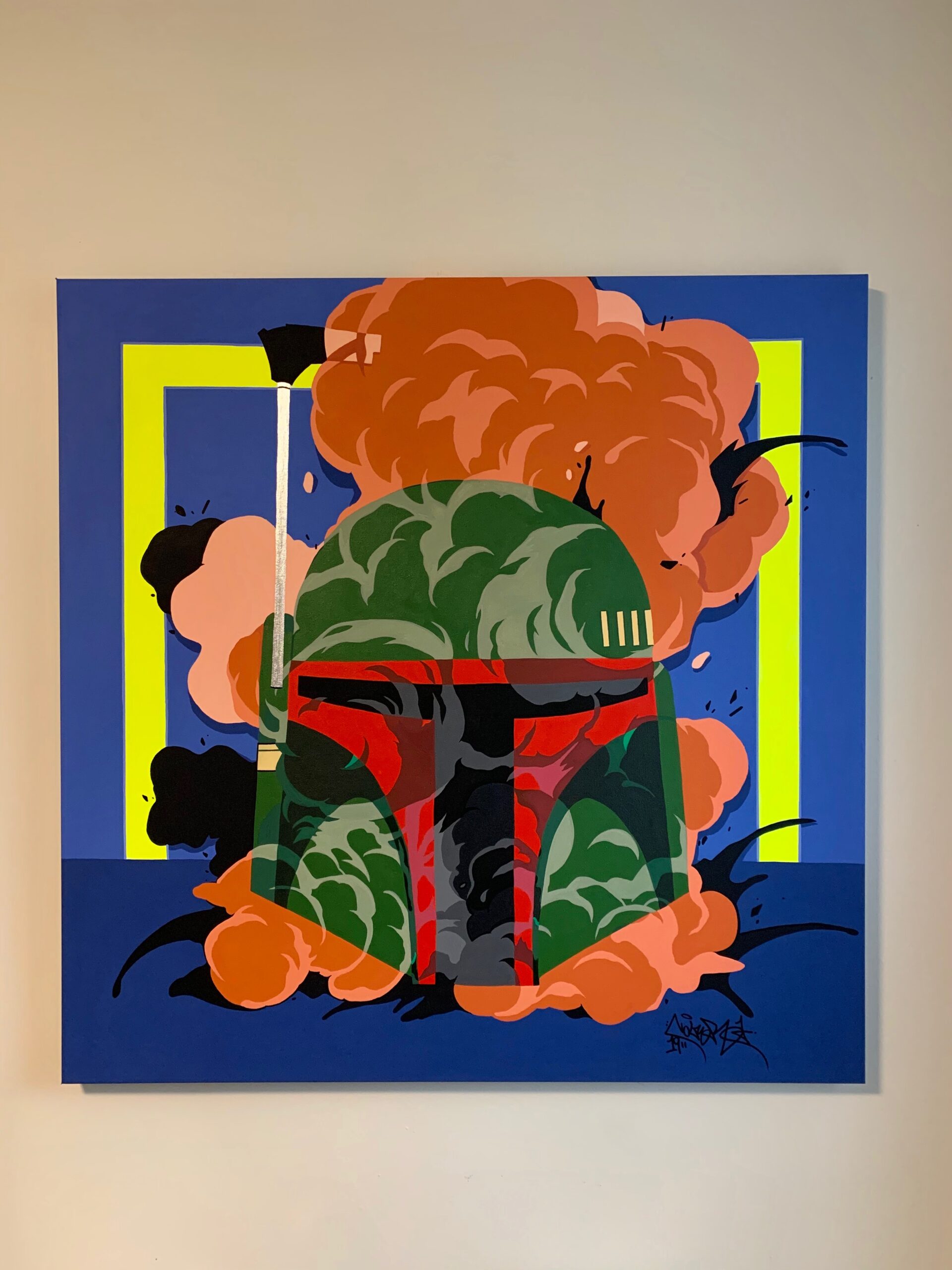 "Mango Fett" 36 x 36, Acrylic Paint on Canvas. Presented at the Akwaaba Gallery in "The Dirty Dozen", 2019.