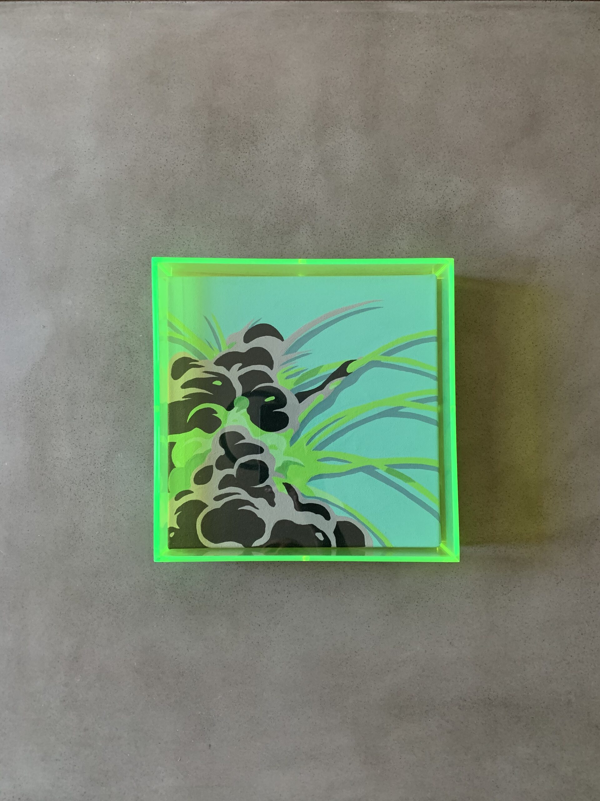 'Up in Smoke' 12x12' Gallery Wrapped Canvas. Acrylic paint & acrylic neon custom frame. 2020.