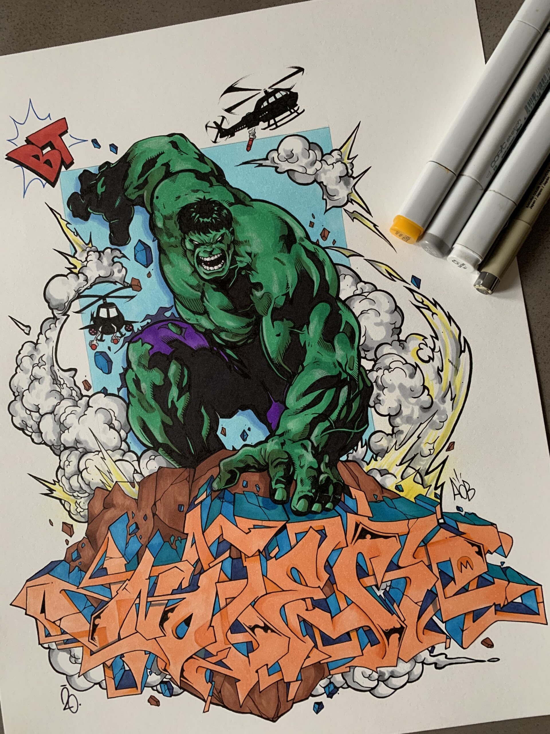 Hulk by Nover, on 11x14". Done with Markers & Pen, 2020.