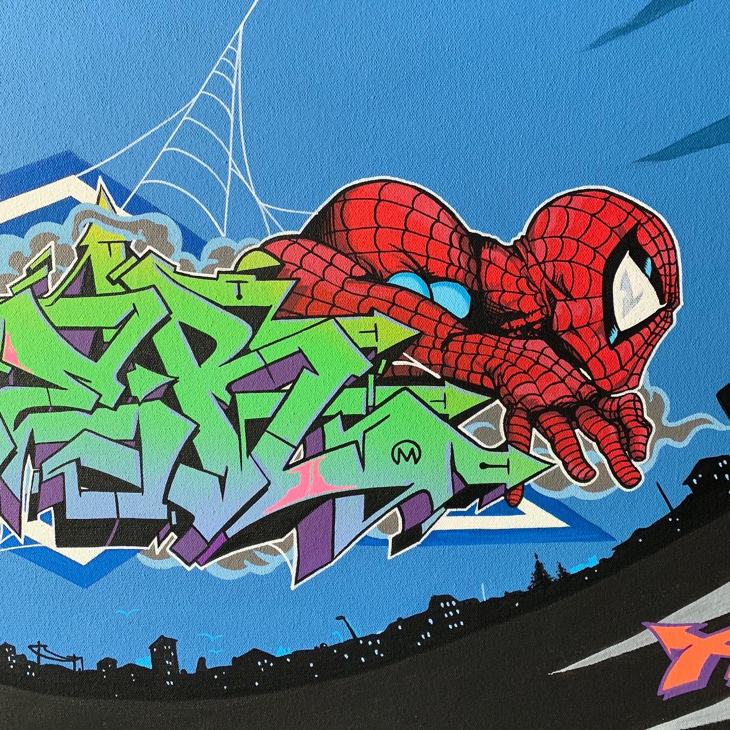 Spider-Man x Nover Details on 36 x 48' Canvas, Paint and Markers. 2019.